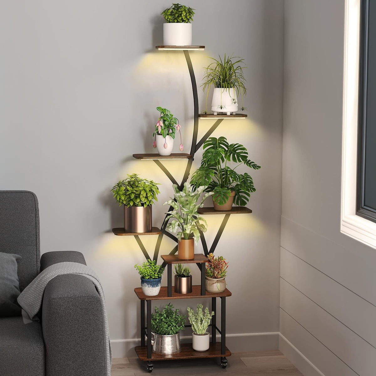 Plant Stand Indoor with Grow Light, 8 Tiered 64" Tall Indoor Plant Shelves for Multiple Plants, Large Metal Plant Shelf, Lighted Plant Stand for Indoor, Balcony, Living Room