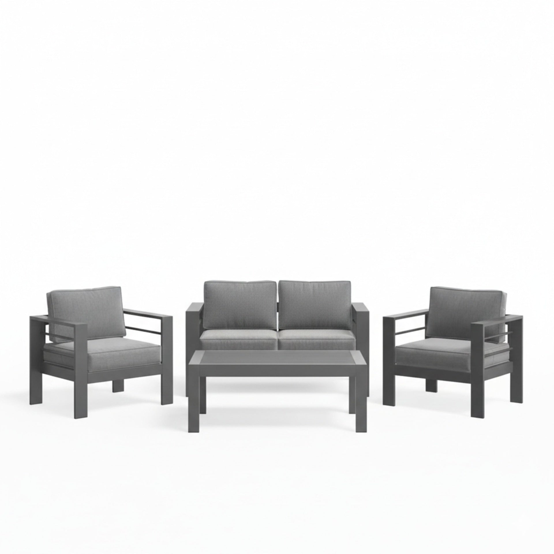 All-Weather 4-Piece Modern Metal Patio Furniture Set,  4-Seat Conversation Sofa with Thick Gray Cushions & Gray Frame and Coffee Table