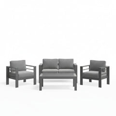 All-Weather 4-Piece Modern Metal Patio Furniture Set,  4-Seat Conversation Sofa with Thick Gray Cushions & Gray Frame and Coffee Table