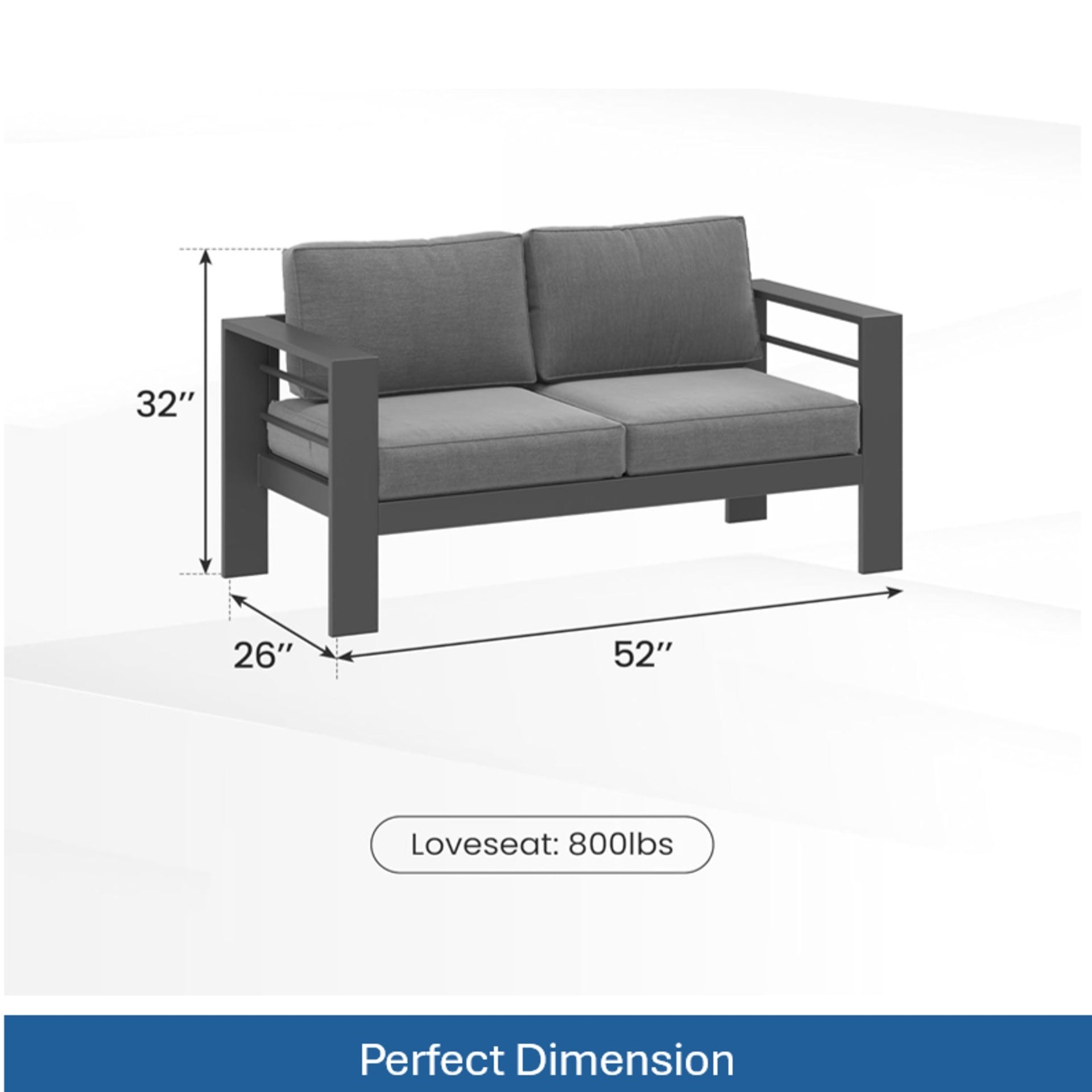 52" All-Weather Metal Loveseat Patio Sofa with Thick Gray Cushions & Gray Frame