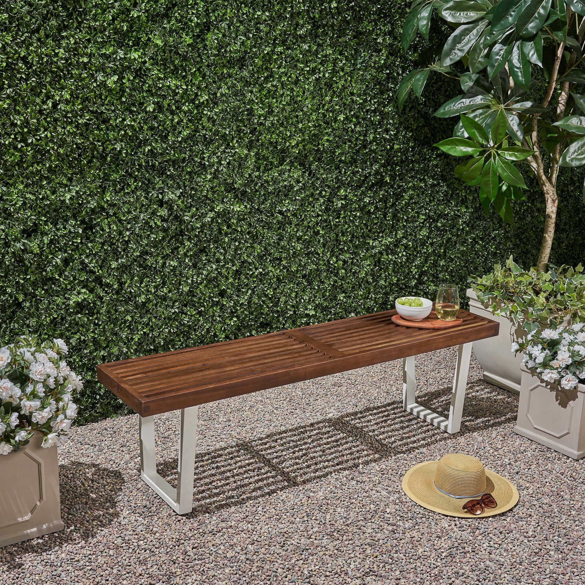 Dining Bench, Acacia Wood with Iron Legs, Modern, Contemporary, Dark Brown and White, Wash