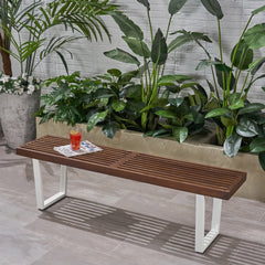 Dining Bench, Acacia Wood with Iron Legs, Modern, Contemporary, Dark Brown and White, Wash