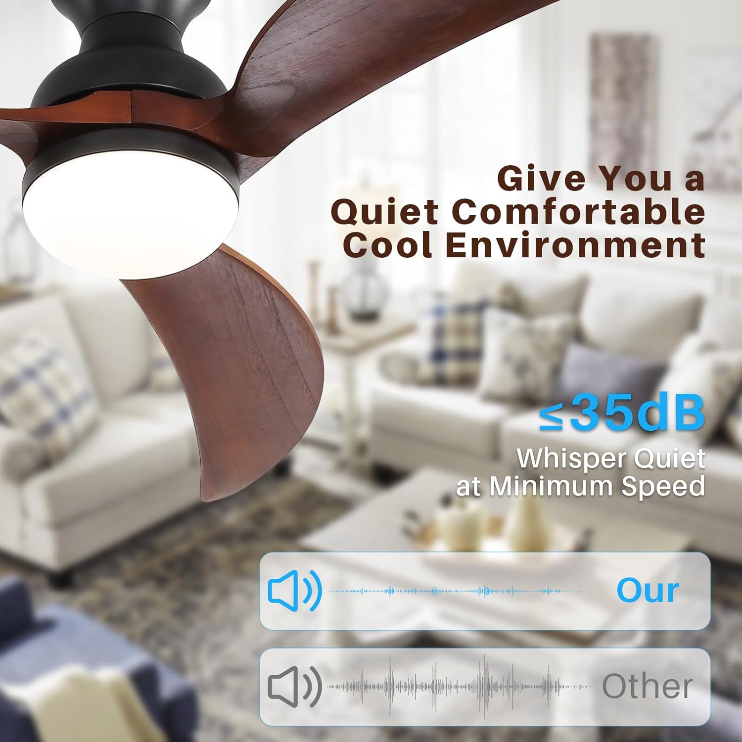 52 Inch Modern Ceiling Fan With 3 Color Dimmable Solid Wood  Blades Remote Control Reversible DC Motor For Bedroom
