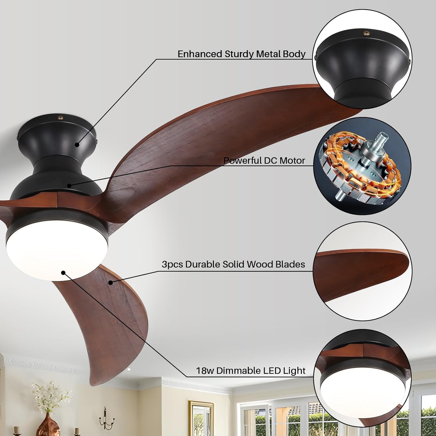 52 Inch Modern Ceiling Fan With 3 Color Dimmable Solid Wood  Blades Remote Control Reversible DC Motor For Bedroom