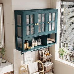Bathroom Wall Cabinet, 3-Door Wooden Wall Cabinet with Open and Hidden Storage Space, Medicine Cabinet with Glass Door and Towel Bar for Entryway Living Room Bathroom Dining Room,Dark Green