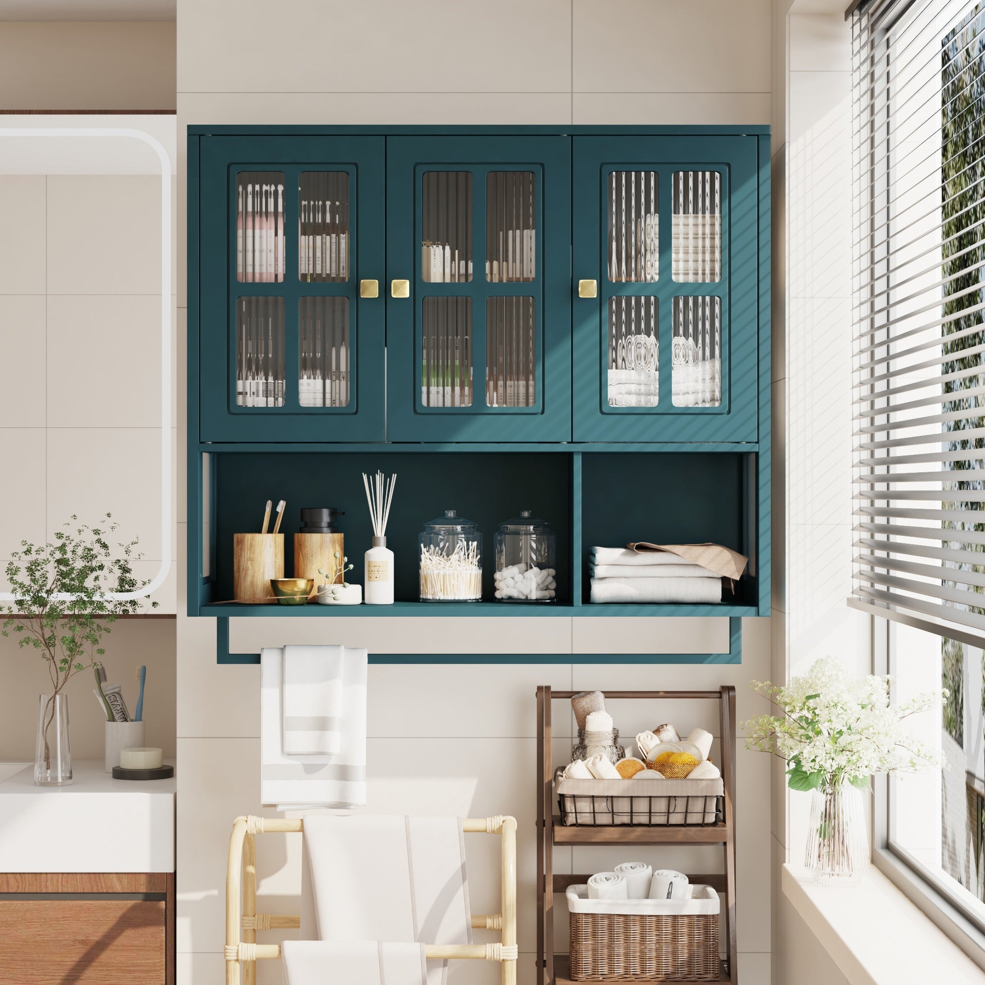 Bathroom Wall Cabinet, 3-Door Wooden Wall Cabinet with Open and Hidden Storage Space, Medicine Cabinet with Glass Door and Towel Bar for Entryway Living Room Bathroom Dining Room,Dark Green