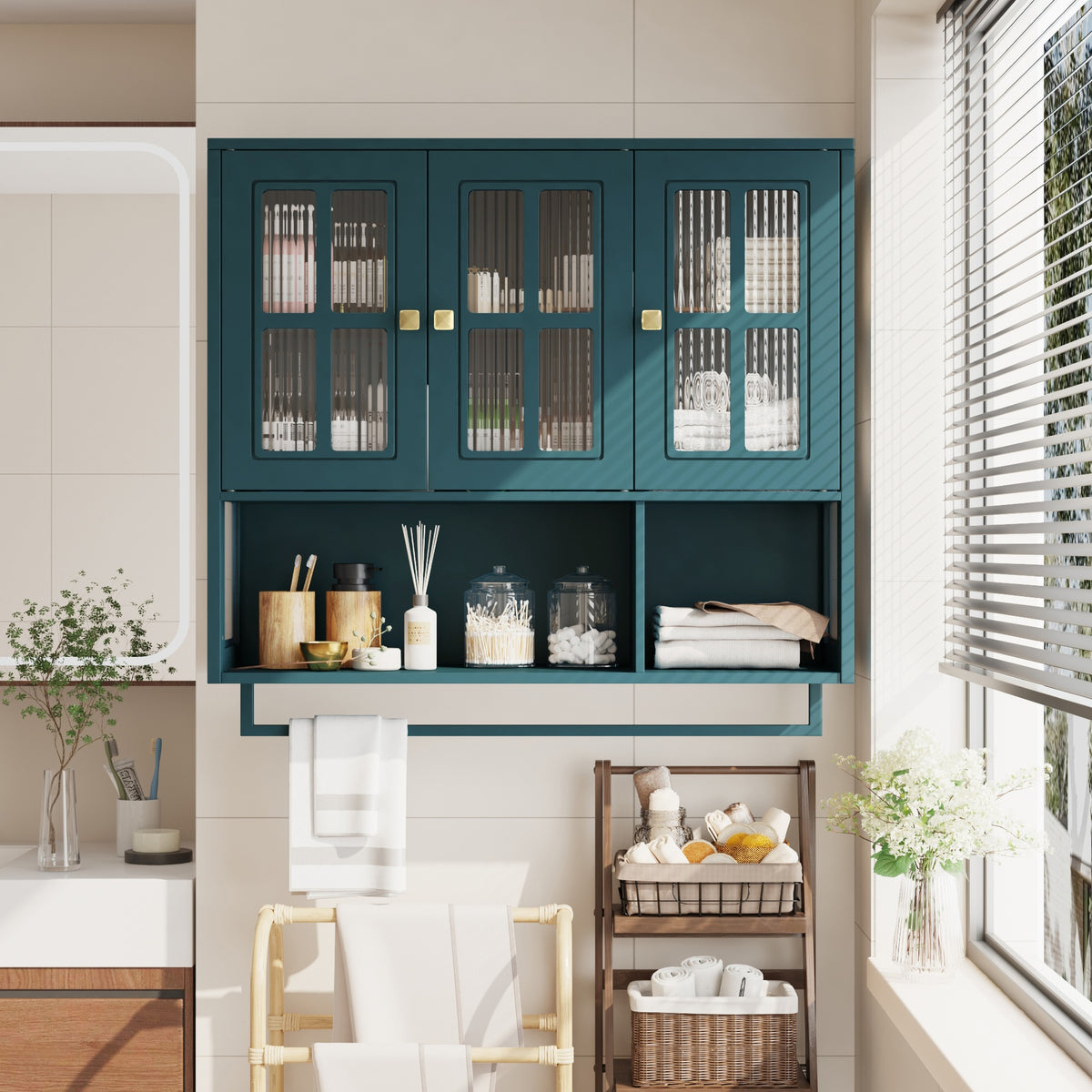 Bathroom Wall Cabinet, 3-Door Wooden Wall Cabinet with Open and Hidden Storage Space, Medicine Cabinet with Glass Door and Towel Bar for Entryway Living Room Bathroom Dining Room,Dark Green