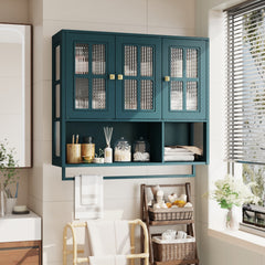 Bathroom Wall Cabinet, 3-Door Wooden Wall Cabinet with Open and Hidden Storage Space, Medicine Cabinet with Glass Door and Towel Bar for Entryway Living Room Bathroom Dining Room,Dark Green