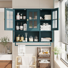 Bathroom Wall Cabinet, 3-Door Wooden Wall Cabinet with Open and Hidden Storage Space, Medicine Cabinet with Glass Door and Towel Bar for Entryway Living Room Bathroom Dining Room,Dark Green