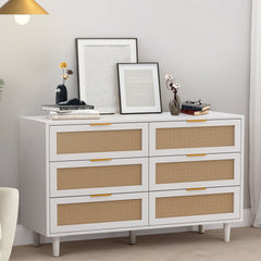 51.18"6-Drawers Rattan Storage Cabinet Rattan Drawer,for Bedroom,Living Room,White (Same SKU:W757P174986)