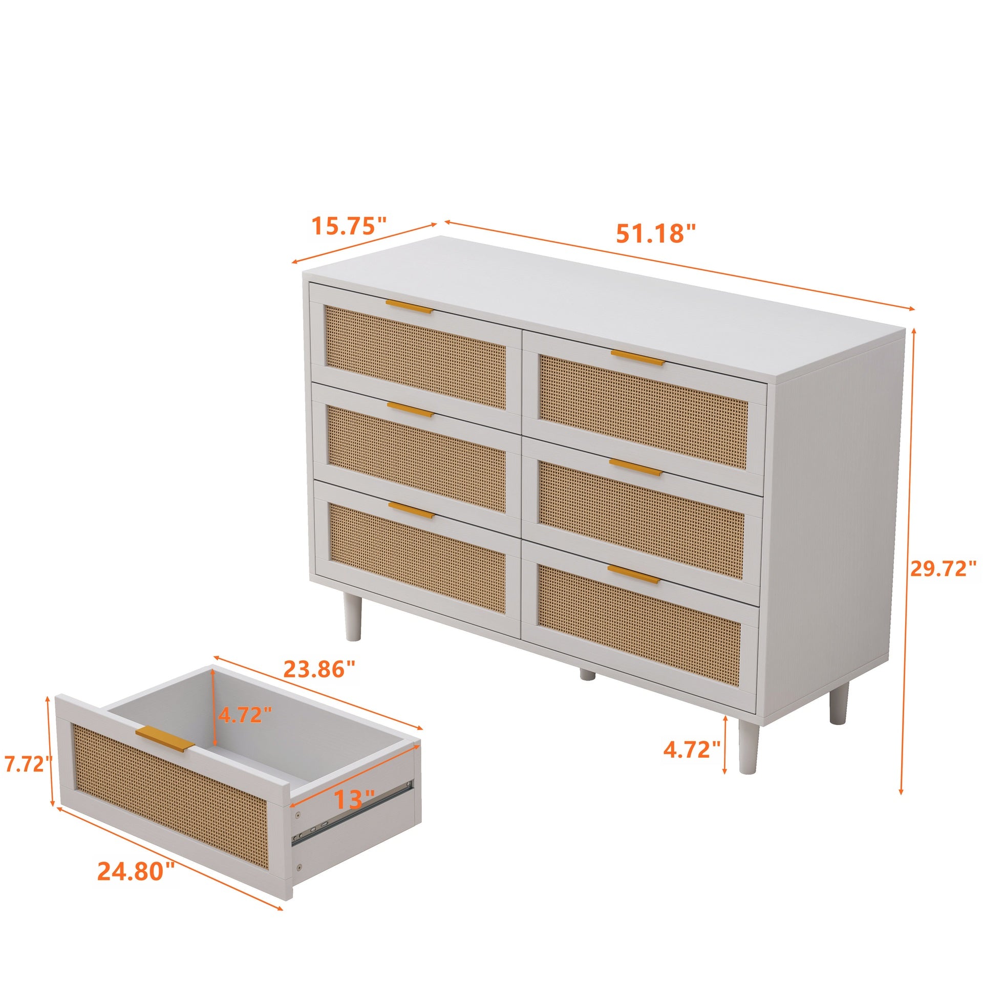 51.18"6-Drawers Rattan Storage Cabinet Rattan Drawer,for Bedroom,Living Room,White (Same SKU:W757P174986)
