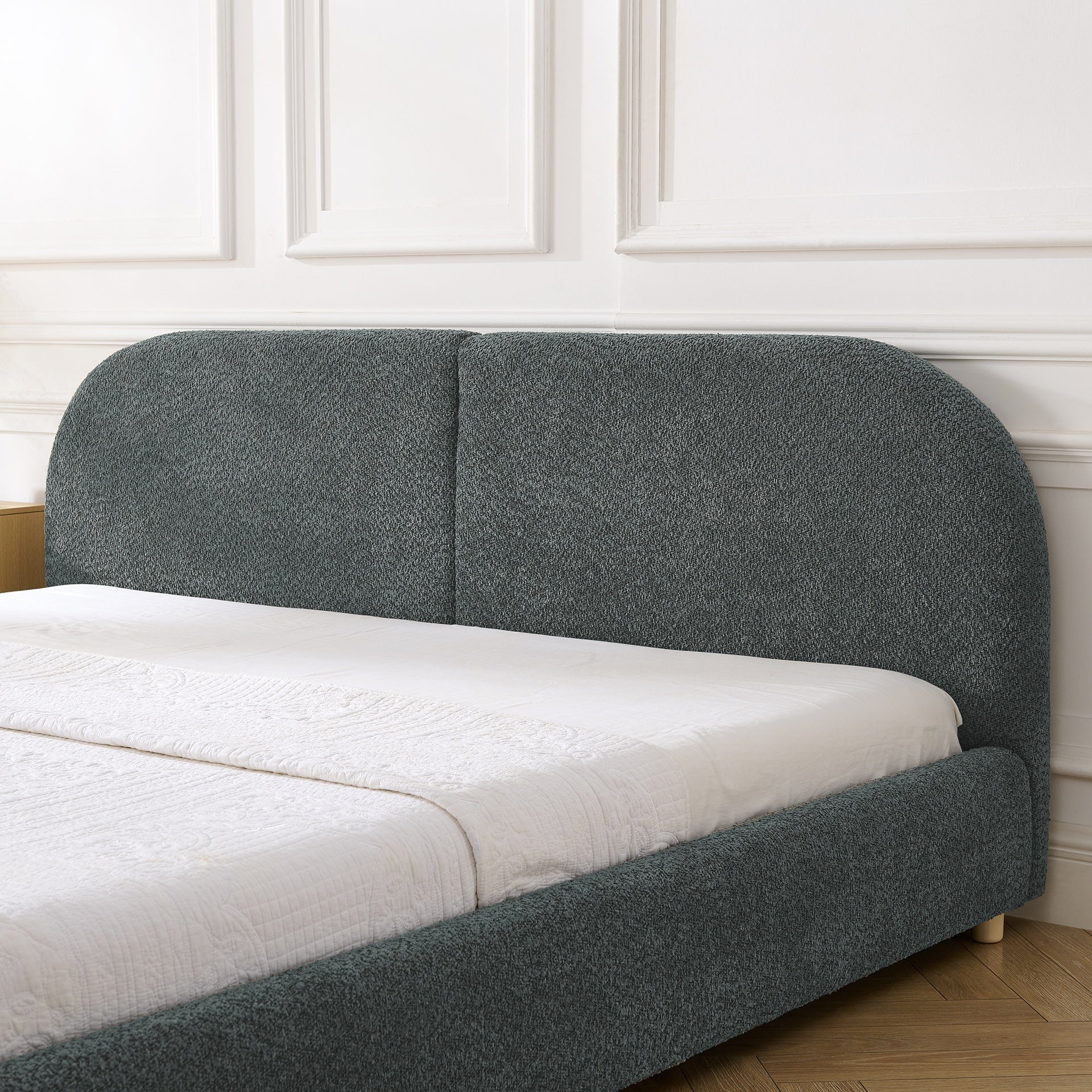 King Size Upholstered Bed Frame, Modern Minimalist Style with Tall Curved Headboard, Premium Circle Yarn Fabric & Sturdy Leg Support, Mattress Not Included-Dark Gray