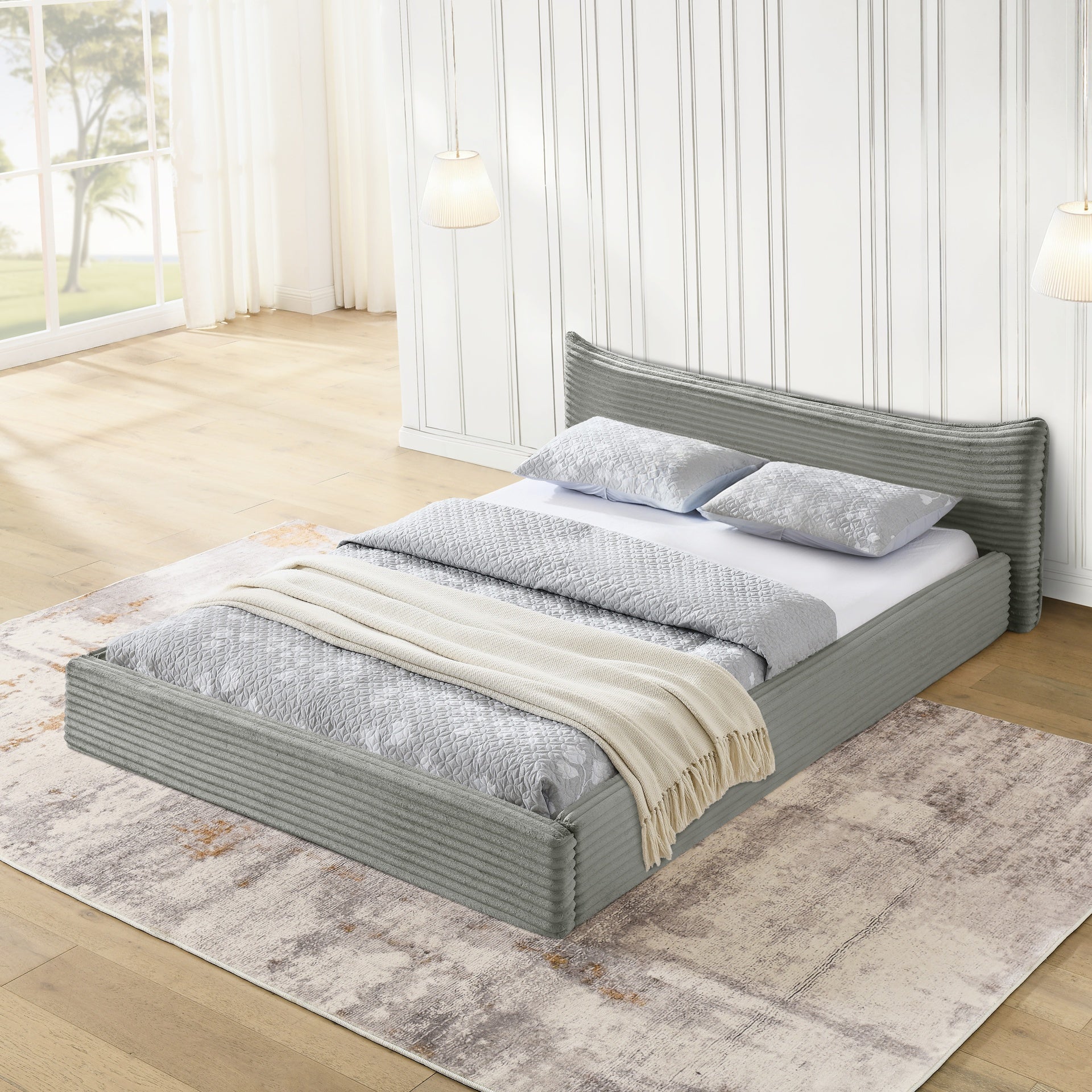 Queen Size Upholstered Bed FrameAnd velvet fabric,Grounded Platform Bed with Decorative Curved Headboard and Solid Wood Frame, No Box Spring Required-Grey(68''*87.75''*24.25'')