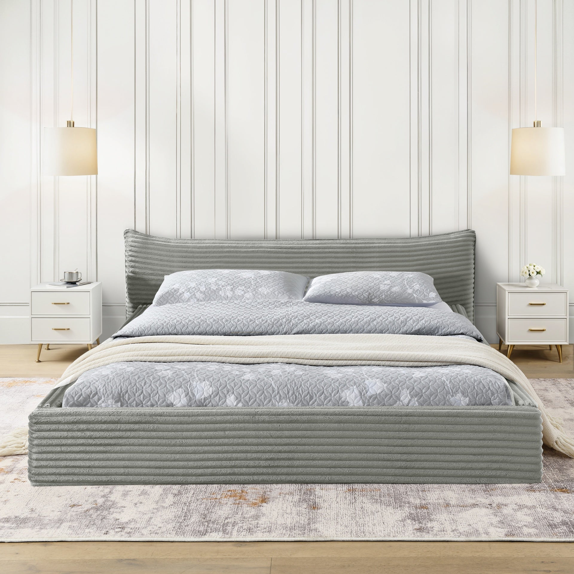 Queen Size Upholstered Bed FrameAnd velvet fabric,Grounded Platform Bed with Decorative Curved Headboard and Solid Wood Frame, No Box Spring Required-Grey(68''*87.75''*24.25'')