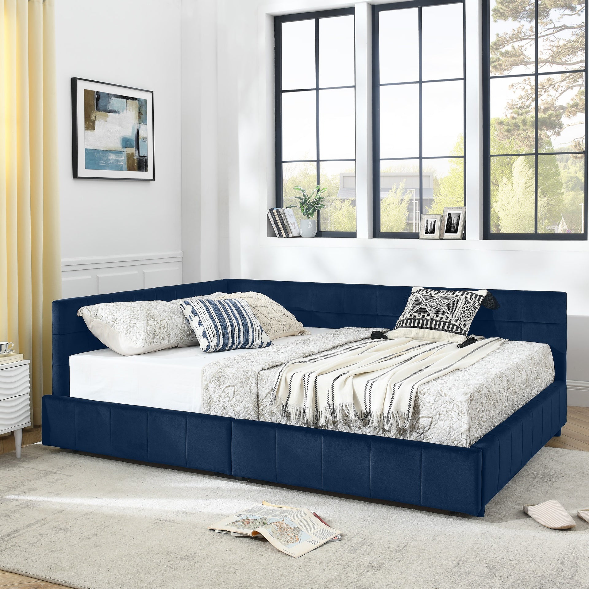Queen Size Storage Upholstered Tufted Bed Frame, Sofa Bed Frame with Comfortable Backrest and Armrests, Queen Size Bed for Bedroom, Living Room,Velvet, DARK BLUE(85.5''*64.5''*29.5'')
