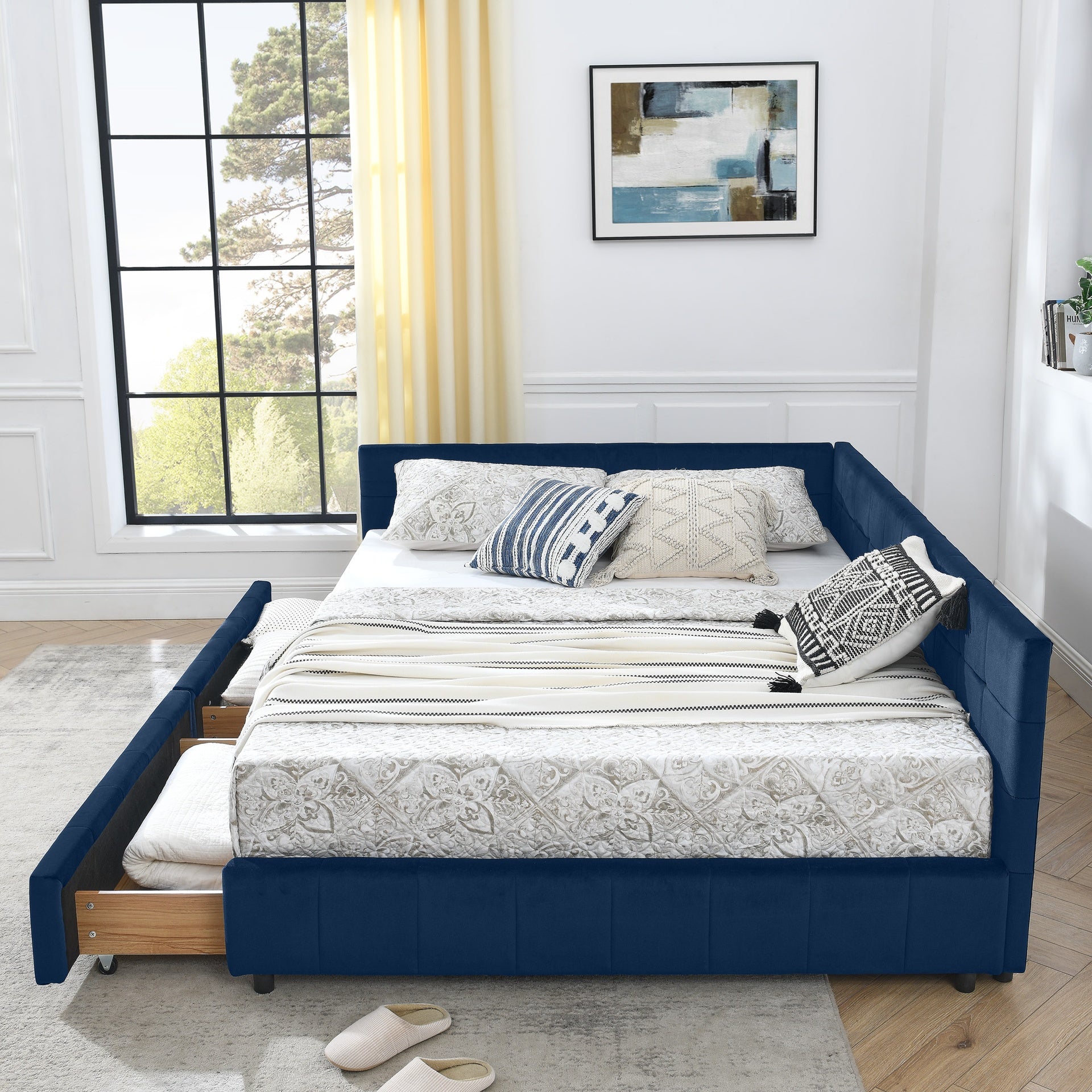 Queen Size Storage Upholstered Tufted Bed Frame, Sofa Bed Frame with Comfortable Backrest and Armrests, Queen Size Bed for Bedroom, Living Room,Velvet, DARK BLUE(85.5''*64.5''*29.5'')