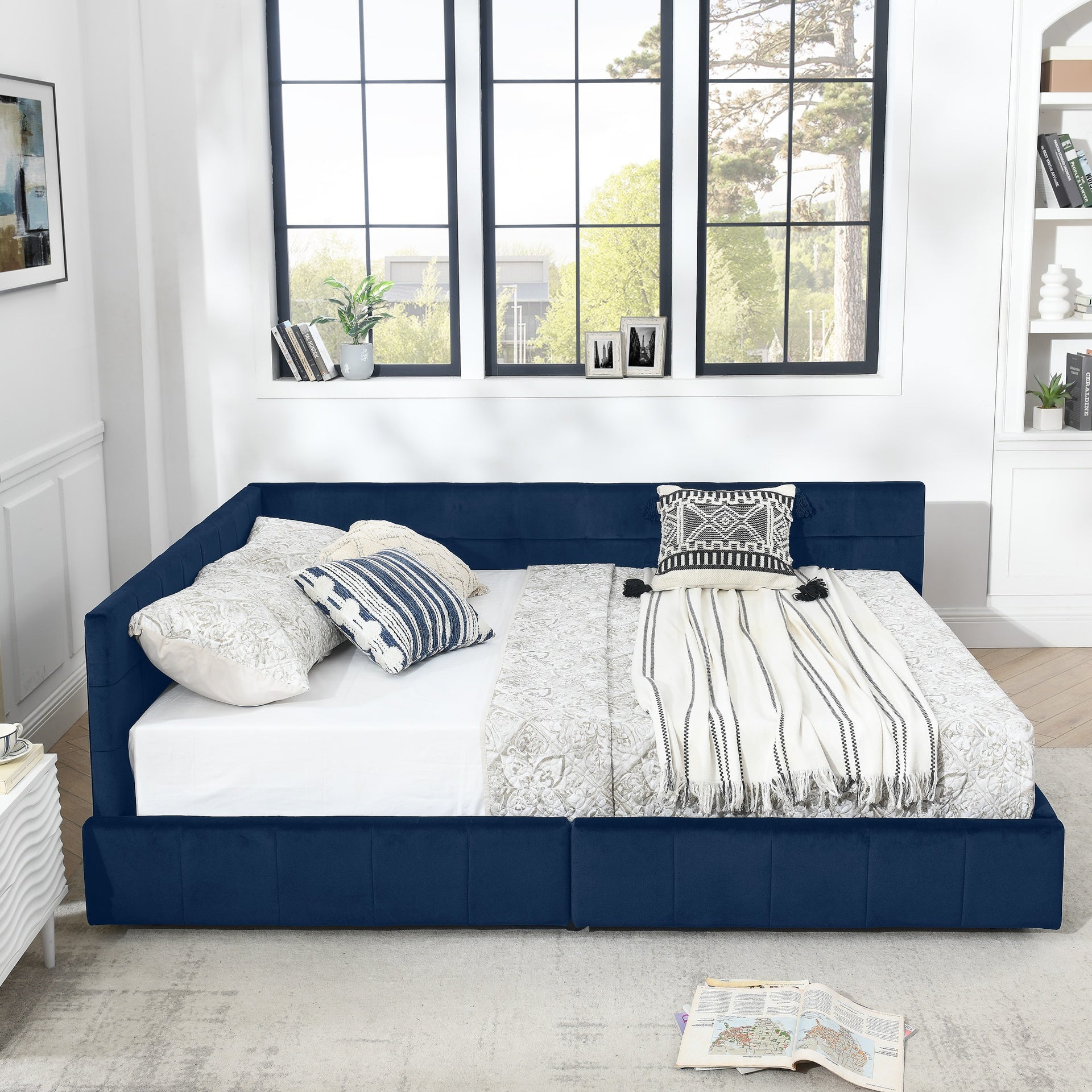 Queen Size Storage Upholstered Tufted Bed Frame, Sofa Bed Frame with Comfortable Backrest and Armrests, Queen Size Bed for Bedroom, Living Room,Velvet, DARK BLUE(85.5''*64.5''*29.5'')