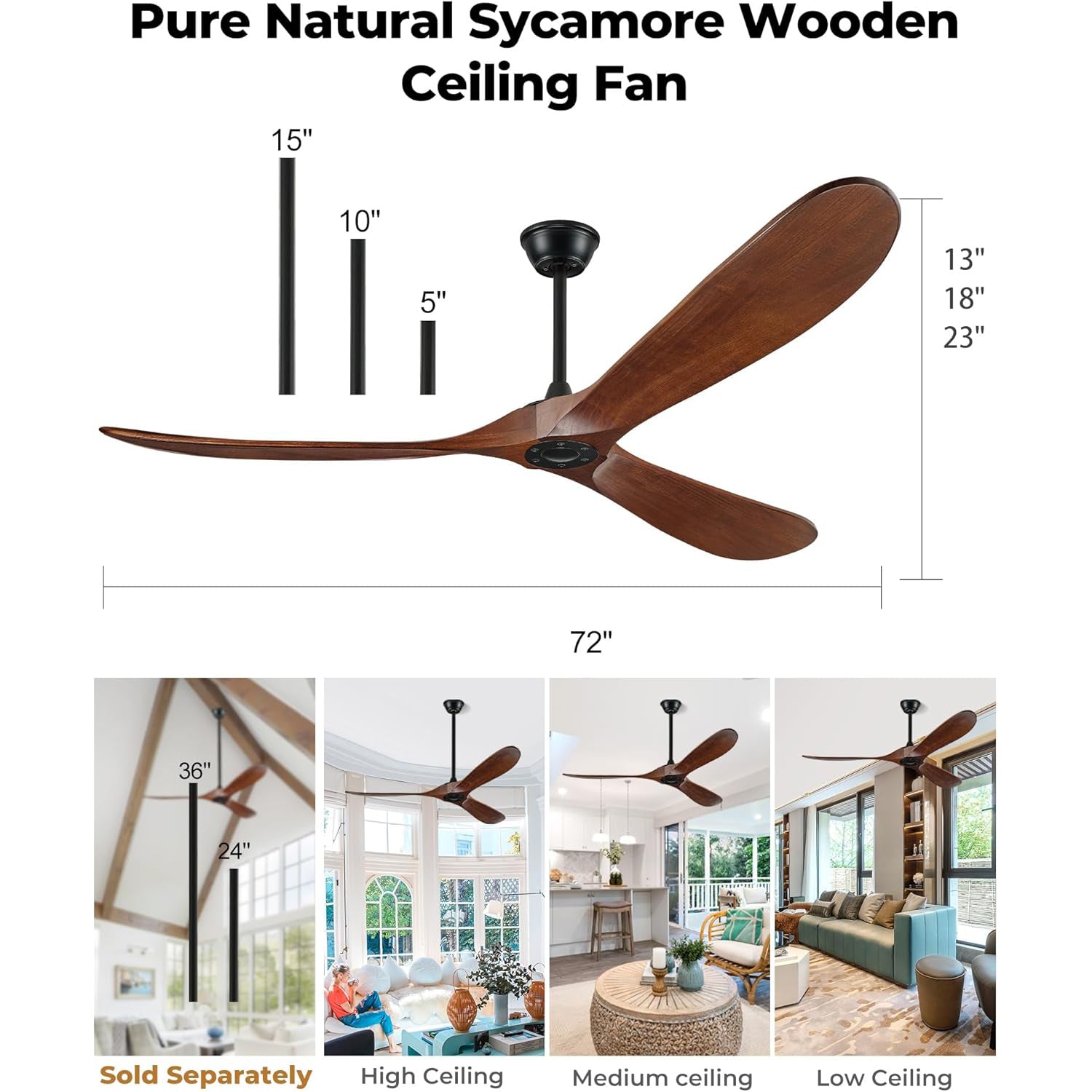 60 Inch  Solid Wood  Ceiling Fan without Light With Wall Switch and Remote Control,6 Speed,3 Blades Walnut Outdoor Ceiling Fans for Patio,Indoor,Living Room,Bedroom,Porch,Farmhouse