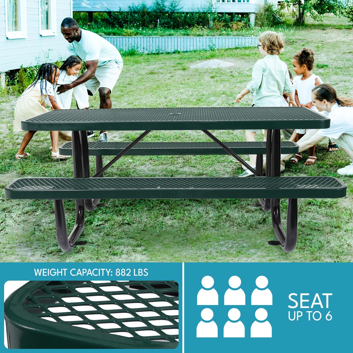 6 ft. Rectangular Outdoor Steel Picnic Table with umbrella pole in Green