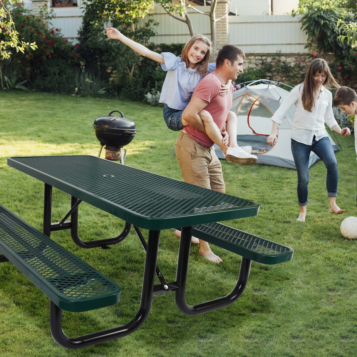 6 ft. Rectangular Outdoor Steel Picnic Table with umbrella pole in Green
