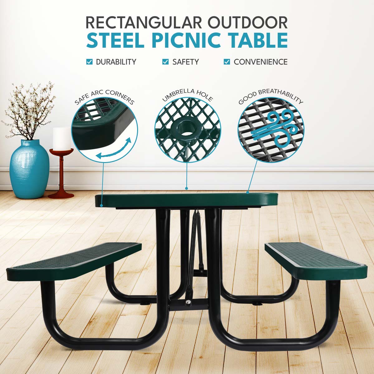 6 ft. Rectangular Outdoor Steel Picnic Table with umbrella pole in Green