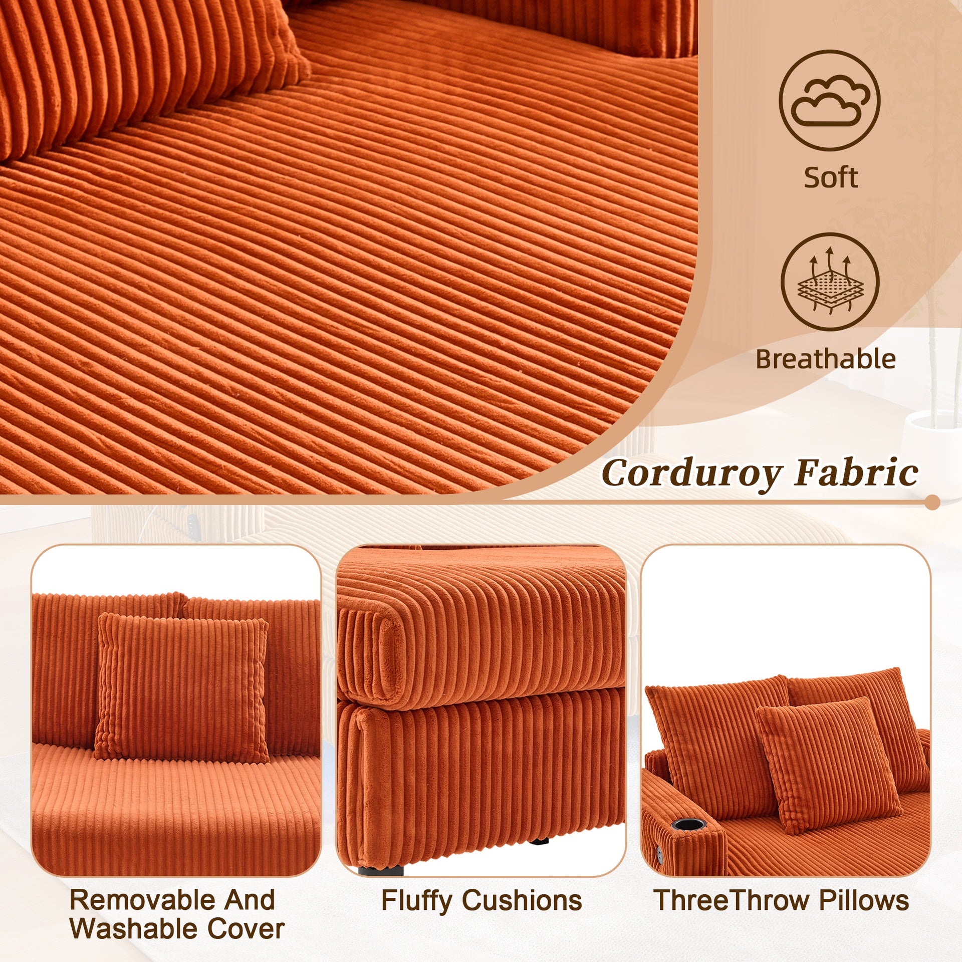 UNITED WE WIN Modern Corduroy Oversized Recliner Sofa with Deep Seat, 3 Pillows, USB Charging, RGB LED Light Strip, Cup Holder, Side Pocket - Suitable for Living Room and Bedroom