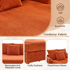 UNITED WE WIN Modern Corduroy Oversized Recliner Sofa with Deep Seat, 3 Pillows, USB Charging, RGB LED Light Strip, Cup Holder, Side Pocket - Suitable for Living Room and Bedroom