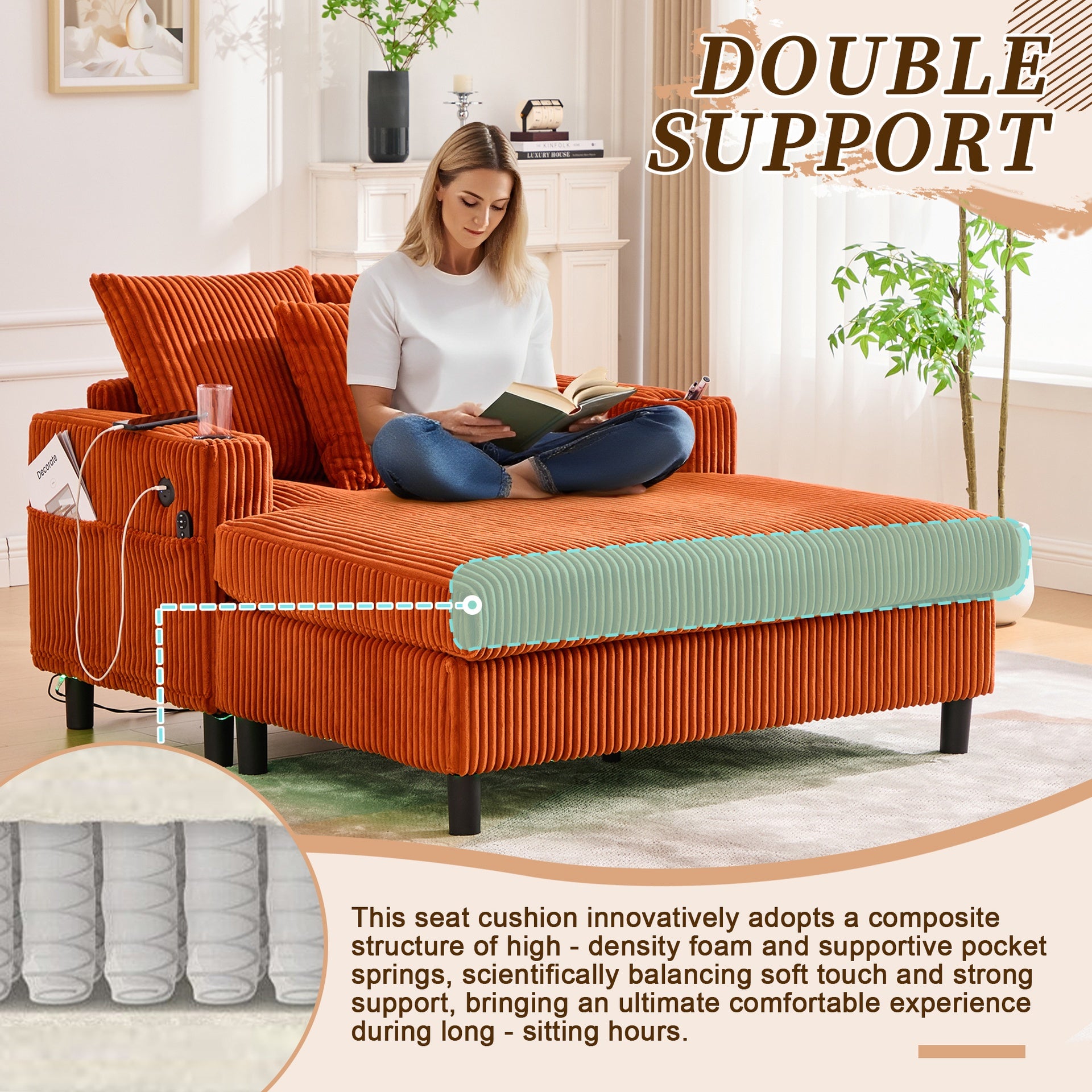 UNITED WE WIN Modern Corduroy Oversized Recliner Sofa with Deep Seat, 3 Pillows, USB Charging, RGB LED Light Strip, Cup Holder, Side Pocket - Suitable for Living Room and Bedroom