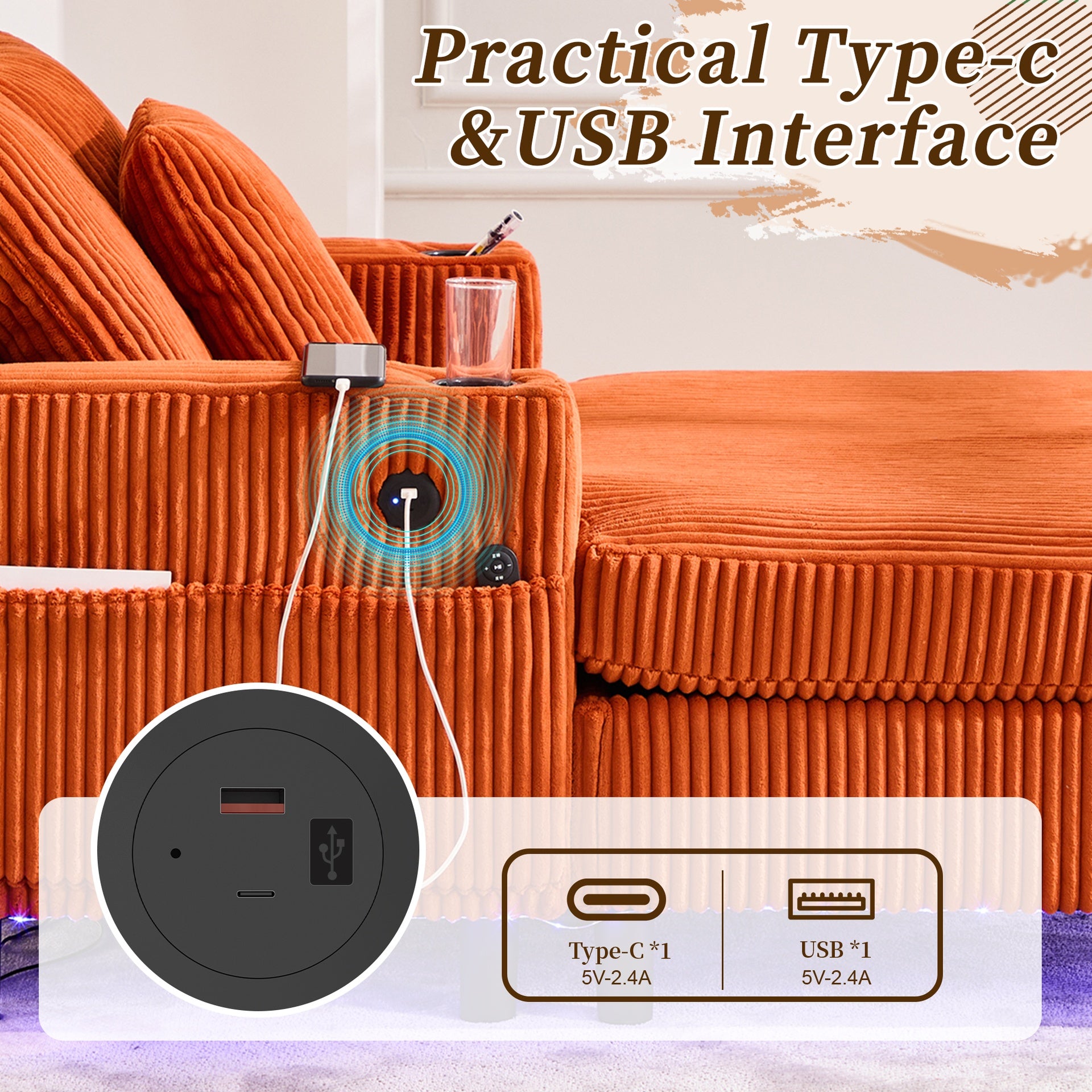UNITED WE WIN Modern Corduroy Oversized Recliner Sofa with Deep Seat, 3 Pillows, USB Charging, RGB LED Light Strip, Cup Holder, Side Pocket - Suitable for Living Room and Bedroom