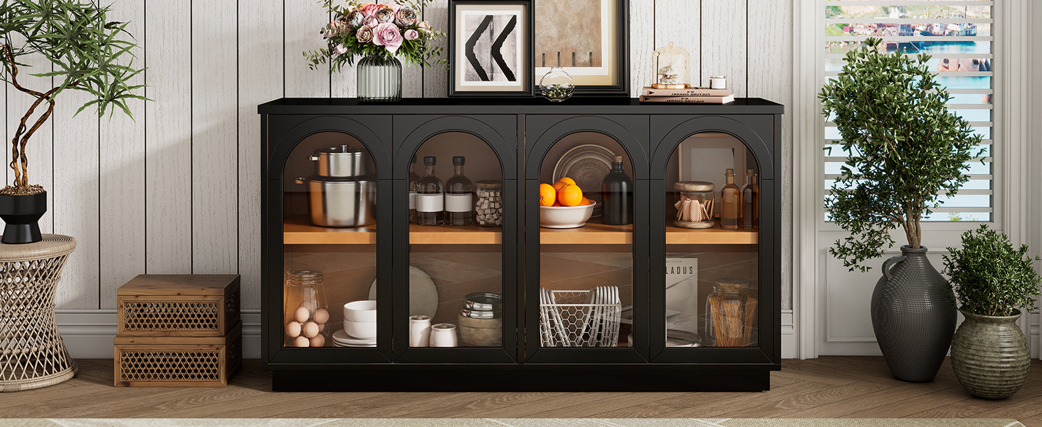 TREXM 4-Door Large Storage Buffet Cabinet with Glass Doors, Arched Cabinet with Adjustable Shelves for Kitchen, Dining Room and Living Room (Black)