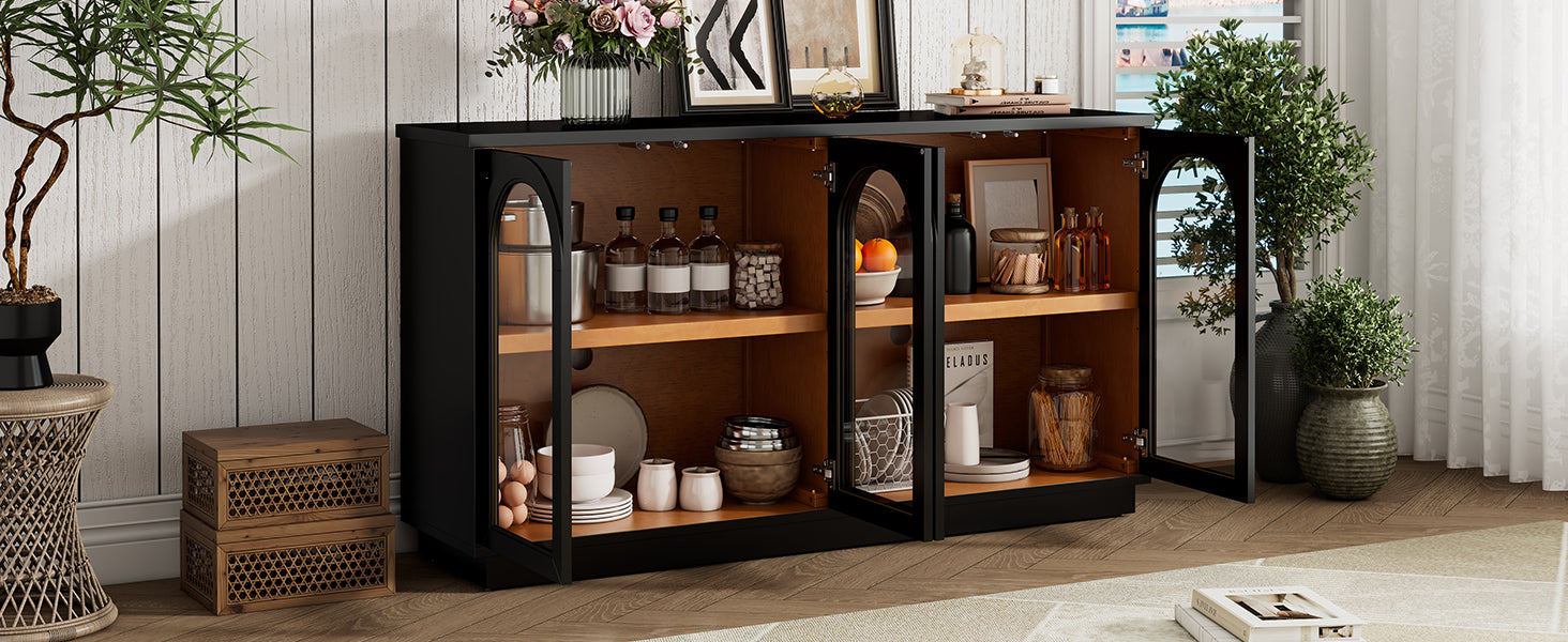 TREXM 4-Door Large Storage Buffet Cabinet with Glass Doors, Arched Cabinet with Adjustable Shelves for Kitchen, Dining Room and Living Room (Black)