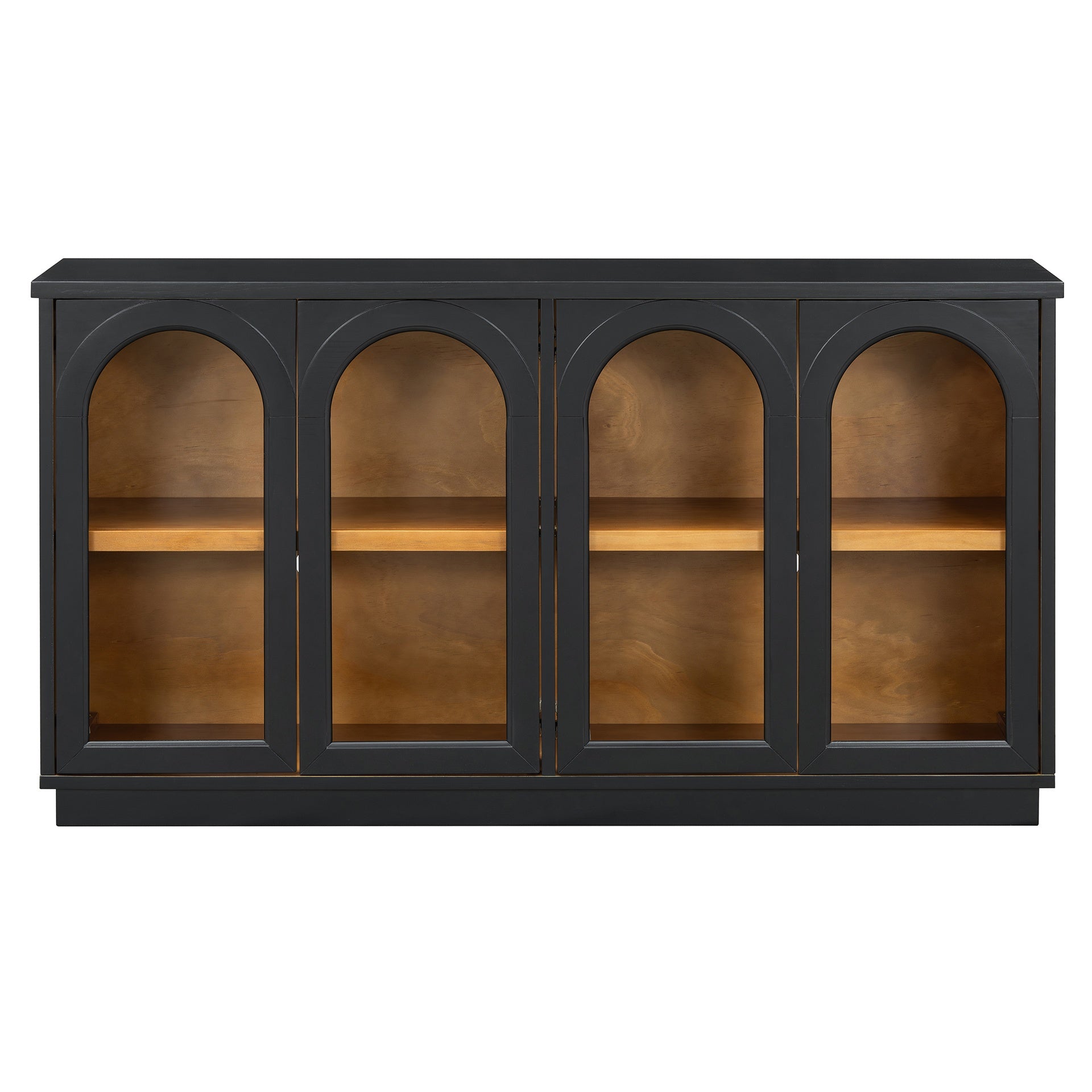 TREXM 4-Door Large Storage Buffet Cabinet with Glass Doors, Arched Cabinet with Adjustable Shelves for Kitchen, Dining Room and Living Room (Black)