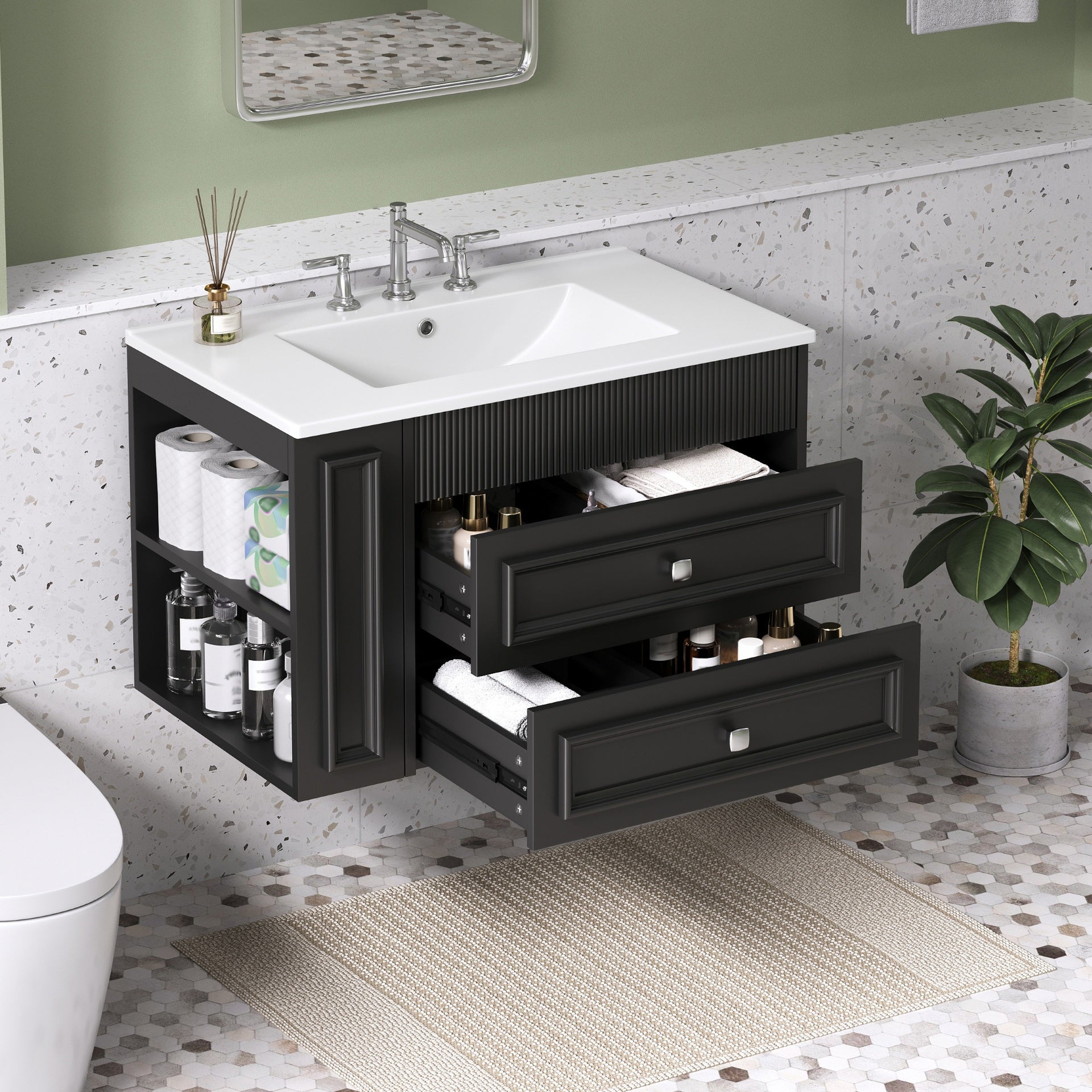 30'' Wall Mounted Bathroom Vanity, Floating Bathroom Storage Cabinet with 2 Drawers, 3 Holes Single Ceramic Sink, Modern Cabinet.Black