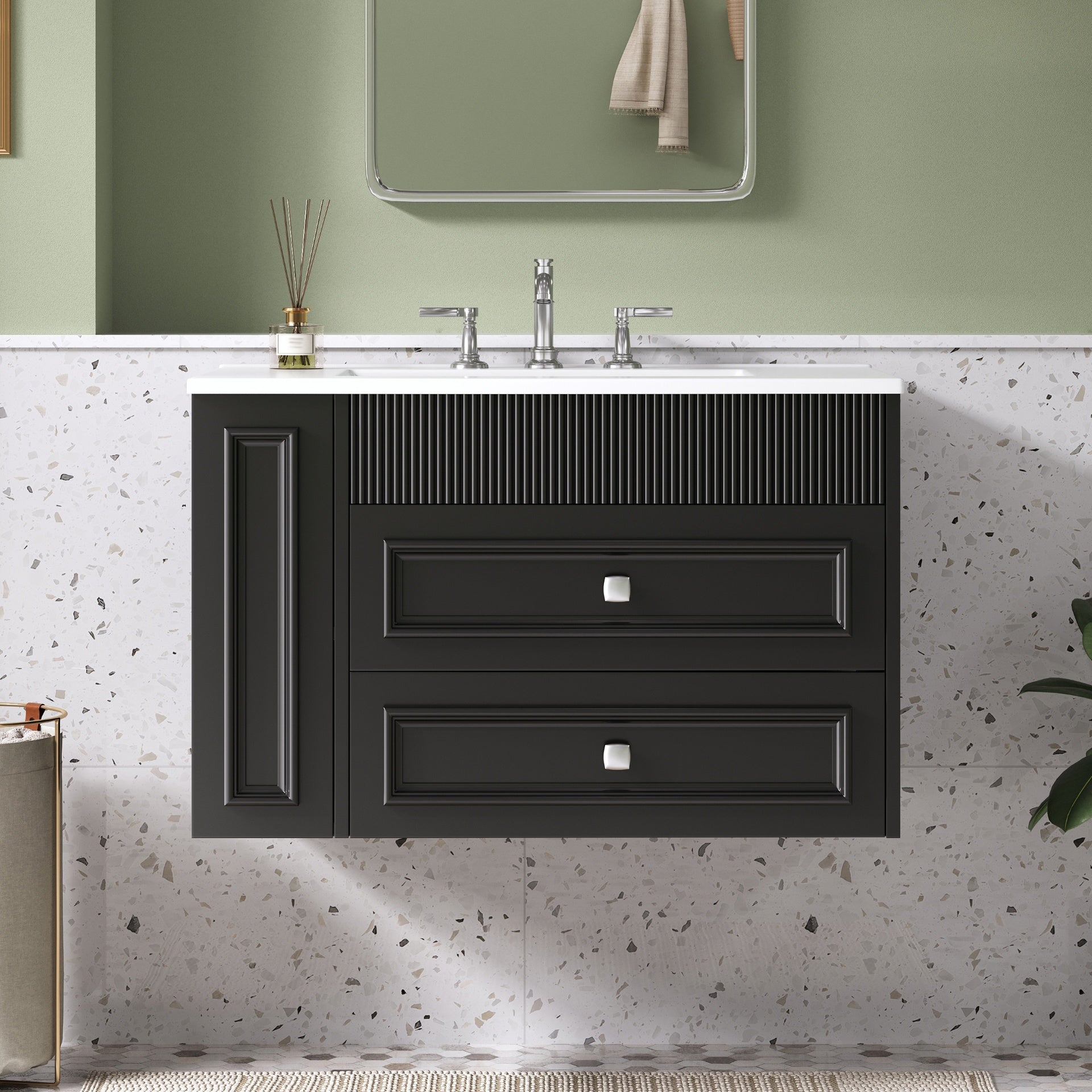 30'' Wall Mounted Bathroom Vanity, Floating Bathroom Storage Cabinet with 2 Drawers, 3 Holes Single Ceramic Sink, Modern Cabinet.Black