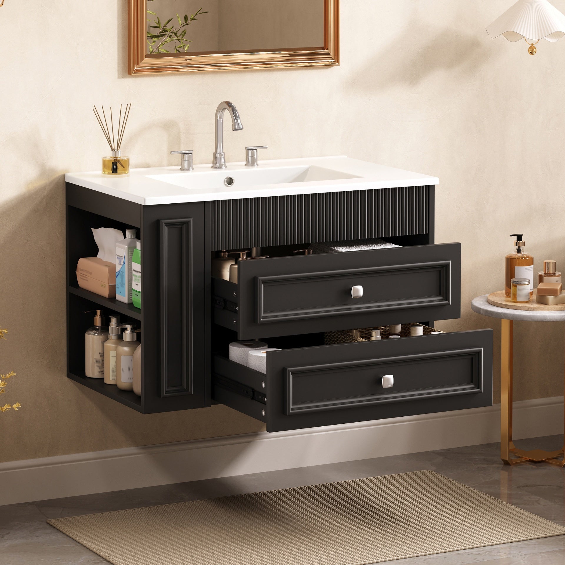 30'' Wall Mounted Bathroom Vanity, Floating Bathroom Storage Cabinet with 2 Drawers, 3 Holes Single Ceramic Sink, Modern Cabinet.Black