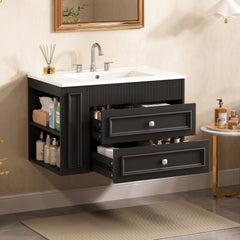 30'' Wall Mounted Bathroom Vanity, Floating Bathroom Storage Cabinet with 2 Drawers, 3 Holes Single Ceramic Sink, Modern Cabinet.Black