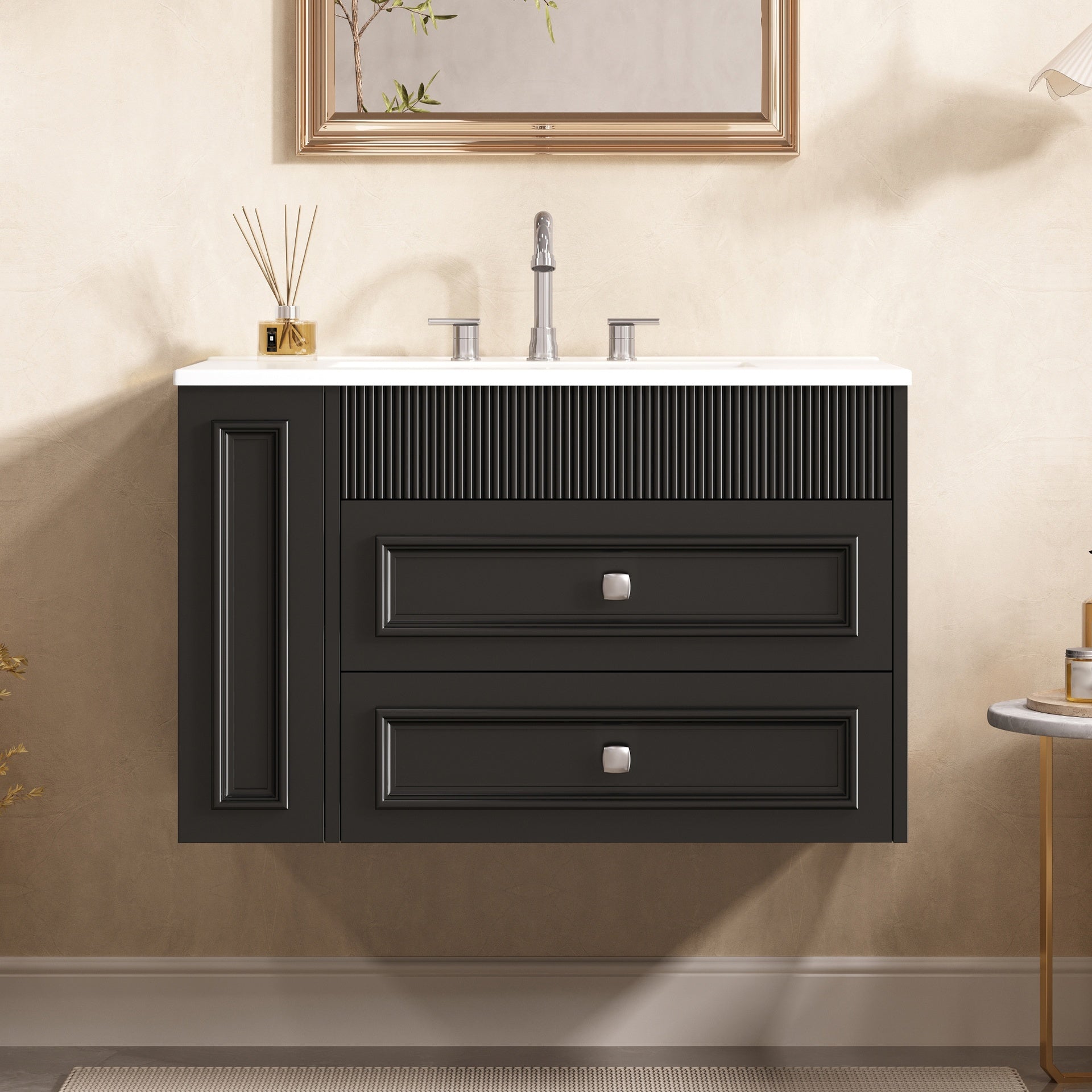 30'' Wall Mounted Bathroom Vanity, Floating Bathroom Storage Cabinet with 2 Drawers, 3 Holes Single Ceramic Sink, Modern Cabinet.Black