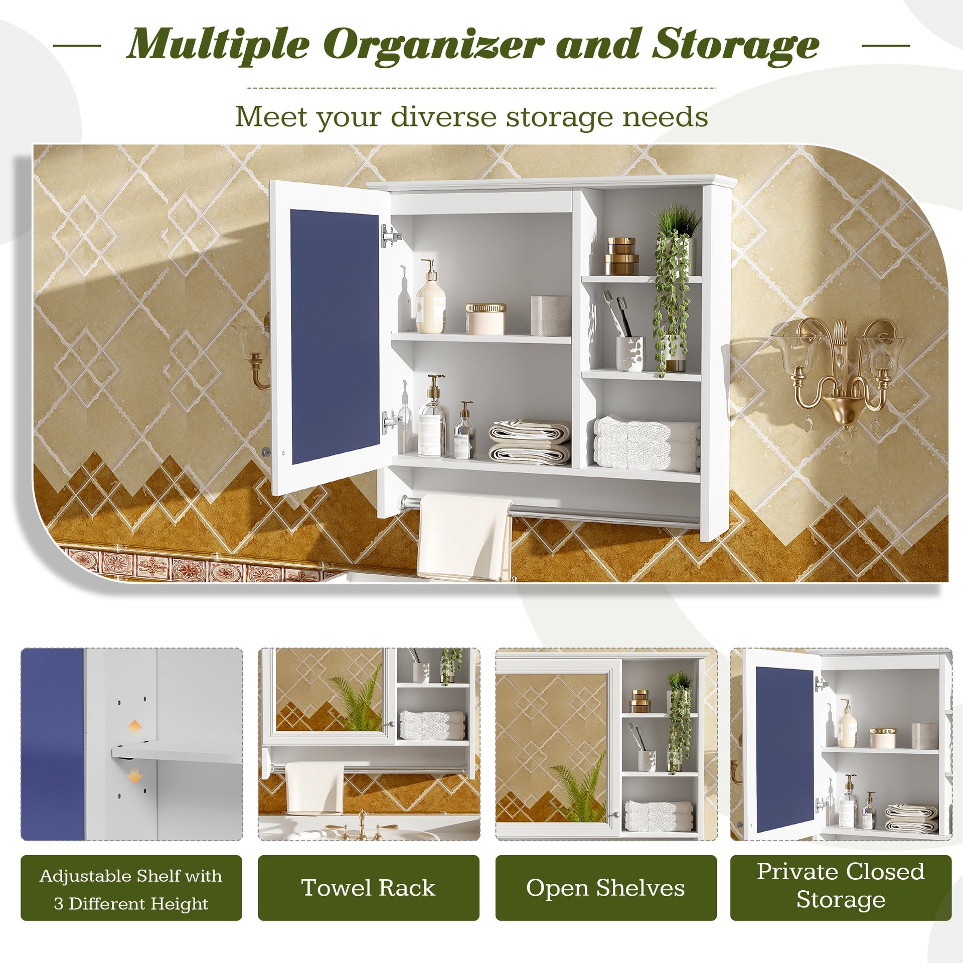 30 inch Wall-Mount 2-in-1 Mirror Cabinet with Adjustable Shelf, Soft-Closing Hinges, High-Quality MDF, for Bathroom Vanity, Living Room, Bedroom Storage Organizer