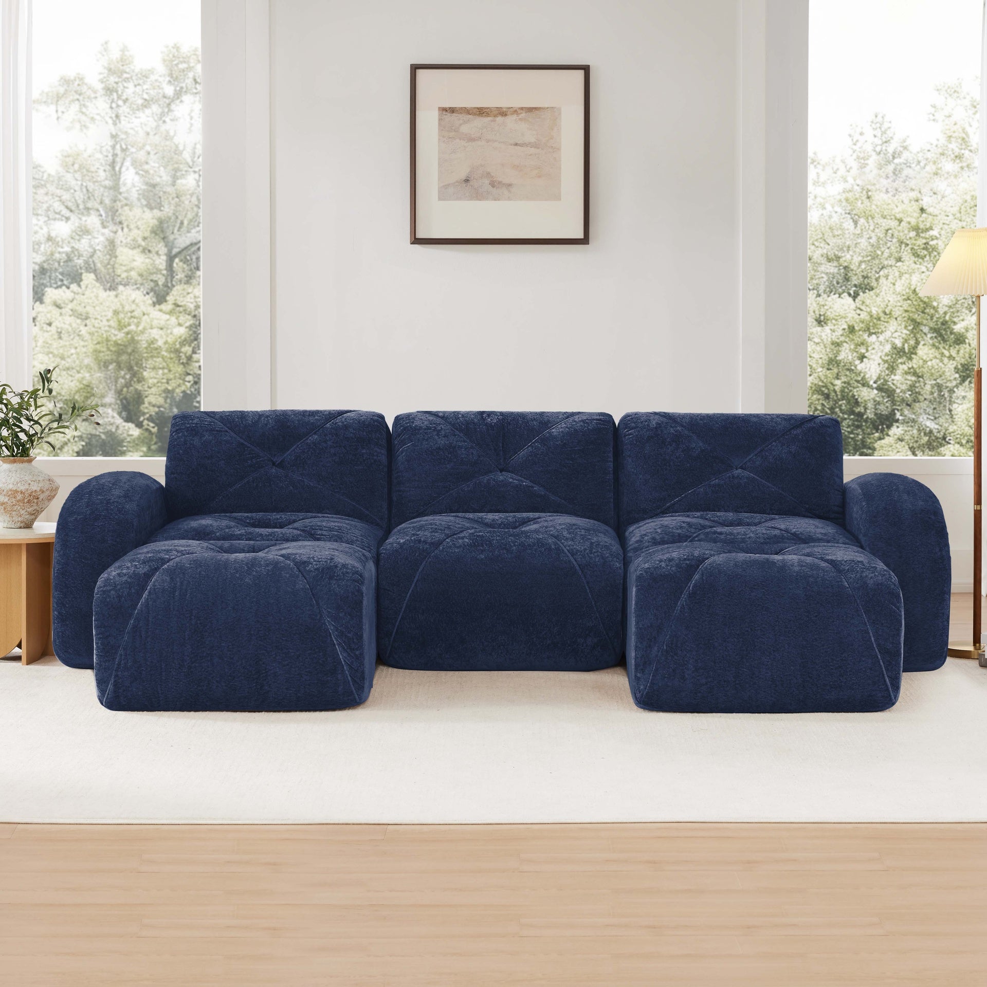 U-shaped Boneless Sofa,Tufted Design,32D High Density Sponge,Bottom Anti-Slip Design,No Assembly Required Bottom,Free Combination,Movable Ottomans For Study And Home Theater, Blue