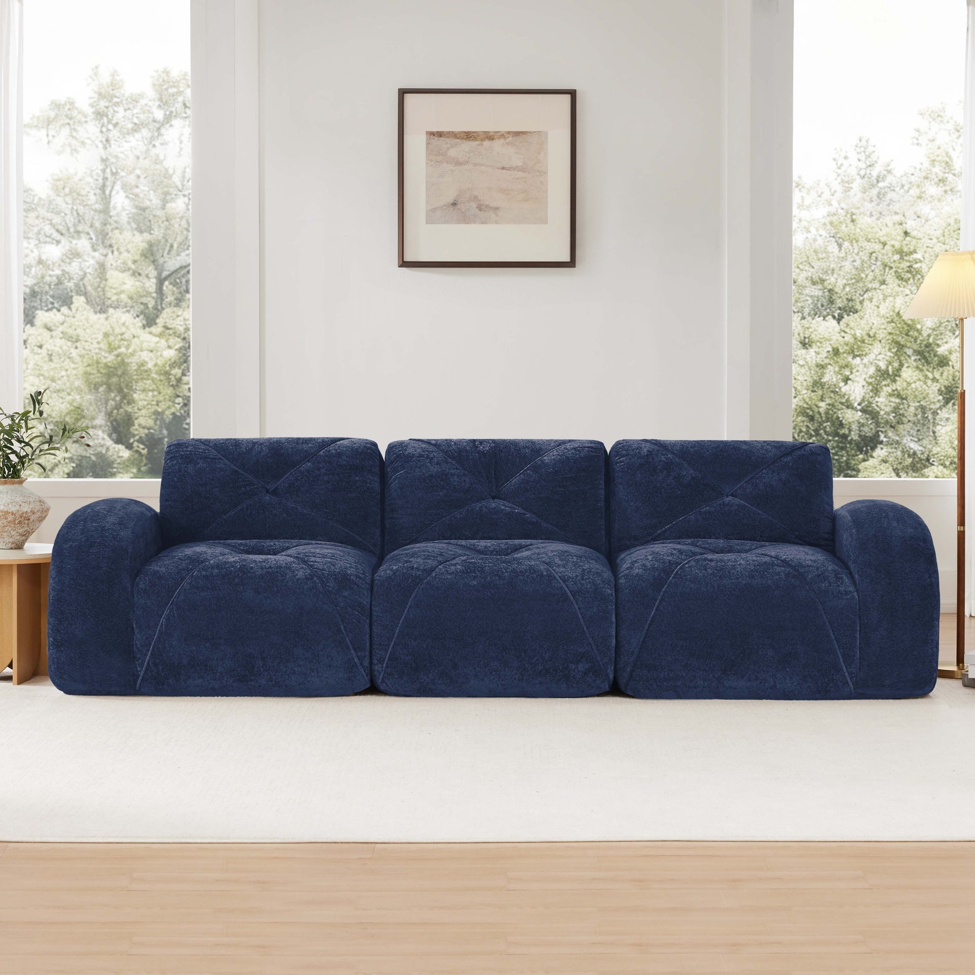 110''Boneless Sofa With Tufted,Soft Velvet  Fabric,Modular Sectional Sofa Couches,32D High Density Sponge,Anti-Slip Design,Ergonomic Design Bottom,No Assembly Required,For Study,Home Theater,Blue