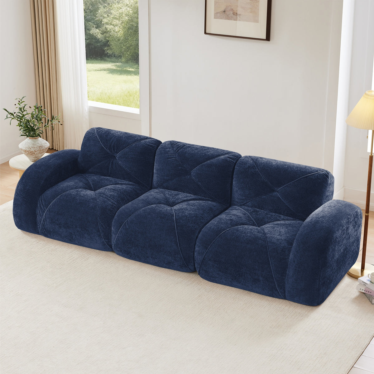 110''Boneless Sofa With Tufted,Soft Velvet  Fabric,Modular Sectional Sofa Couches,32D High Density Sponge,Anti-Slip Design,Ergonomic Design Bottom,No Assembly Required,For Study,Home Theater,Blue