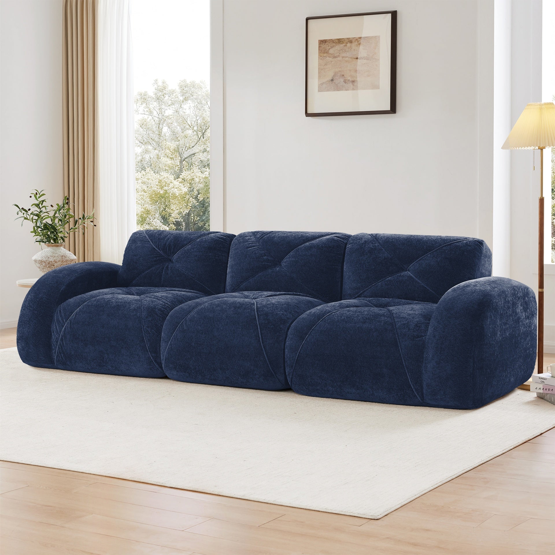 110''Boneless Sofa With Tufted,Soft Velvet  Fabric,Modular Sectional Sofa Couches,32D High Density Sponge,Anti-Slip Design,Ergonomic Design Bottom,No Assembly Required,For Study,Home Theater,Blue