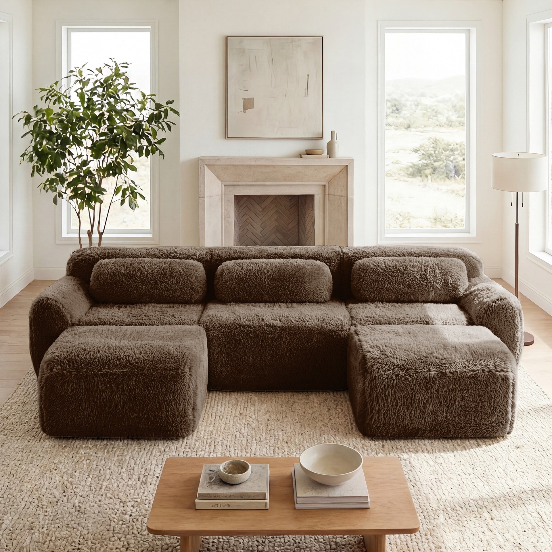 U-shaped Boneless Sofa 32D High Density Sponge Bottom Anti-Slip Design With Chaise Free Combination Full-compression Vacuum Packaging Deep Seat Design For Bedroom,Study,And Home Theater, Chocolate