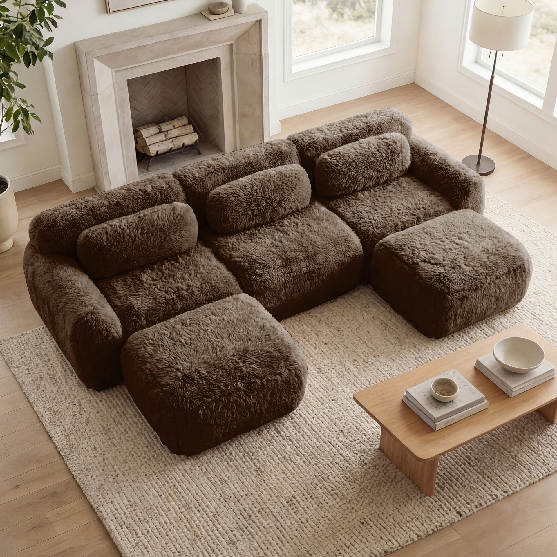 U-shaped Boneless Sofa 32D High Density Sponge Bottom Anti-Slip Design With Chaise Free Combination Full-compression Vacuum Packaging Deep Seat Design For Bedroom,Study,And Home Theater, Chocolate