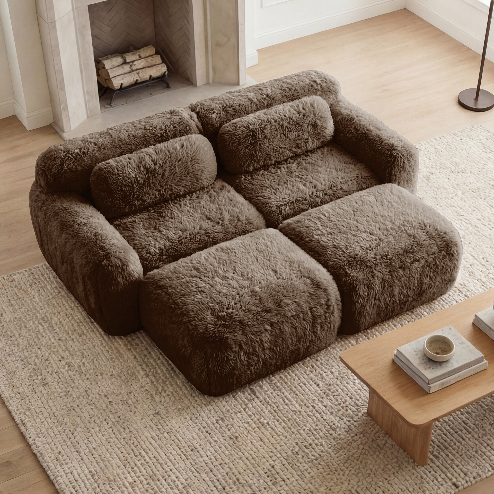 80''Soft Plush Fabric,Boneless Sofa,No Assembly Required,Bottom Anti-Slip Design With Chaise,Deep Seat Design,32D High Density Sponge Free Combination For Study,Chocolate