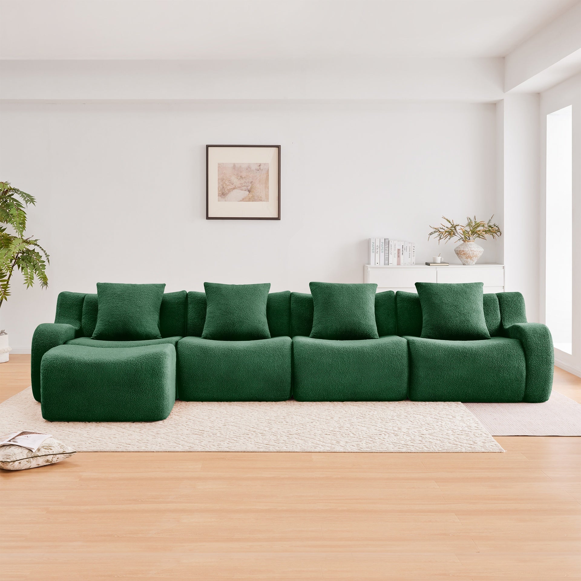 L-Shaped 4-Seat Boneless Sofa,Teddy Fabric No Assembly Required   Curved Armrest,Anti-slip Design, Assembly Chaise,32D High Density Sponge Full Compression Vacuum Packag,For Studies living Rooms,Green