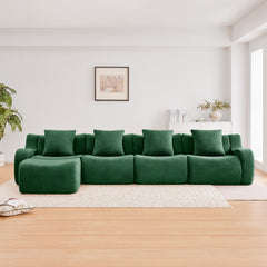 L-Shaped 4-Seat Boneless Sofa,Teddy Fabric No Assembly Required   Curved Armrest,Anti-slip Design, Assembly Chaise,32D High Density Sponge Full Compression Vacuum Packag,For Studies living Rooms,Green