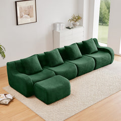 L-Shaped 4-Seat Boneless Sofa,Teddy Fabric No Assembly Required   Curved Armrest,Anti-slip Design, Assembly Chaise,32D High Density Sponge Full Compression Vacuum Packag,For Studies living Rooms,Green