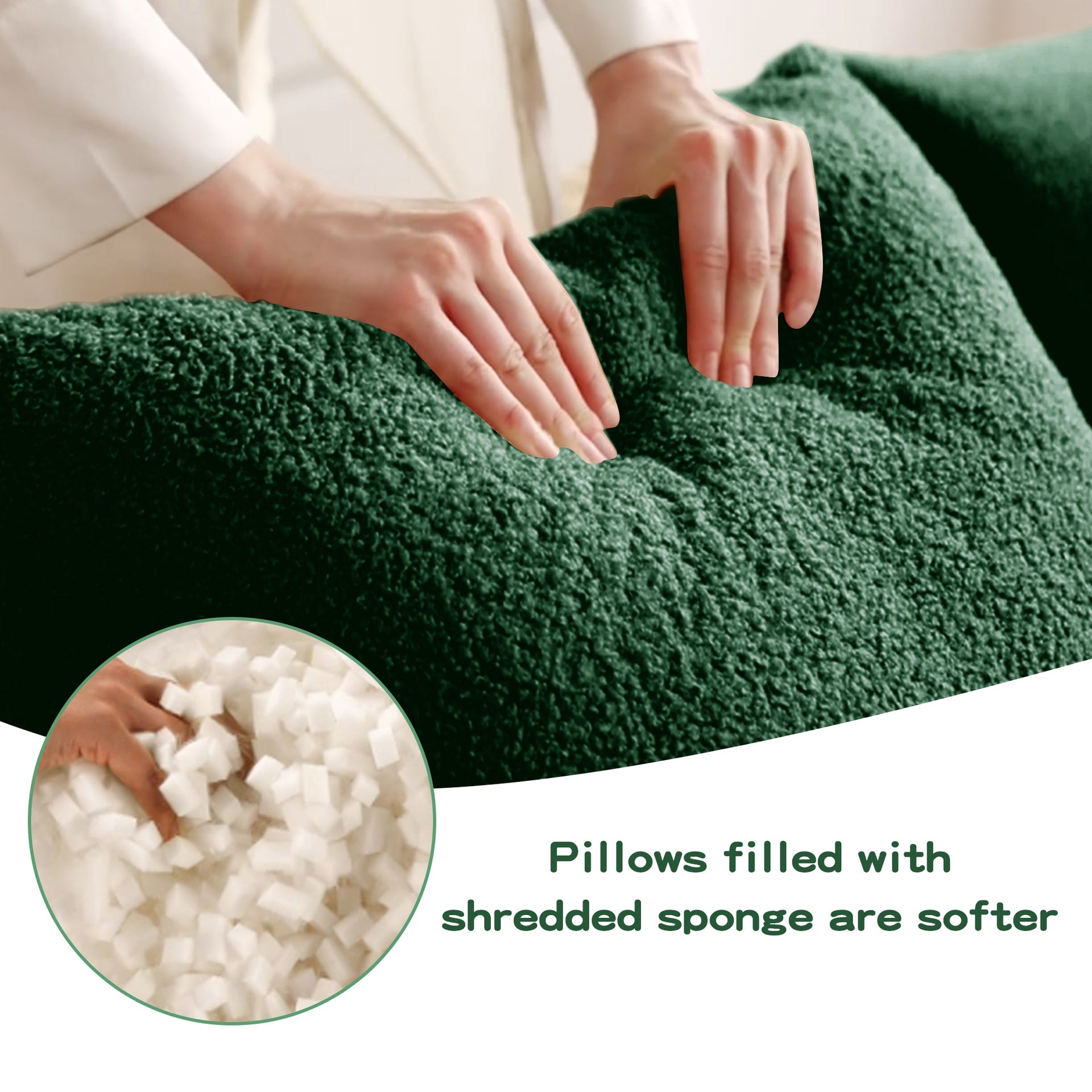 4-Seat Boneless Sofa, High-Quality Teddy Fabric,No assembly required   Curved armrest,Anti-slip Design,32D High Density Sponge Full Compression Vacuum Packag,For Studies Iiving Rooms,Green