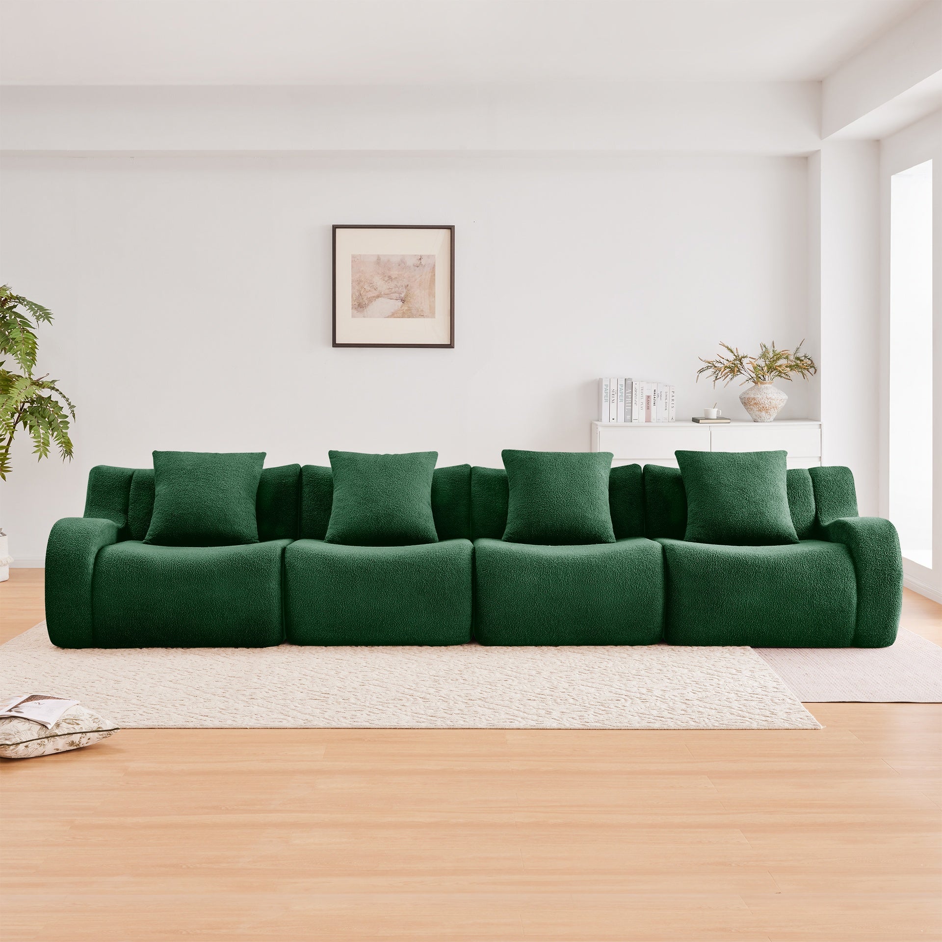 4-Seat Boneless Sofa, High-Quality Teddy Fabric,No assembly required   Curved armrest,Anti-slip Design,32D High Density Sponge Full Compression Vacuum Packag,For Studies Iiving Rooms,Green